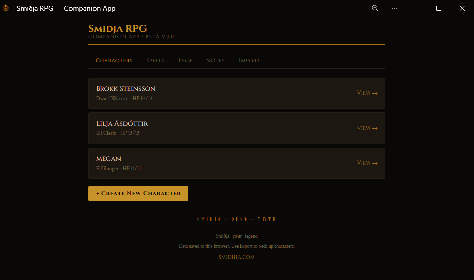 Smiðja RPG Companion App — character roster