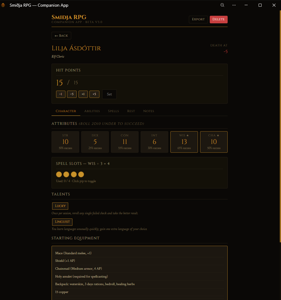 Smiðja RPG Companion App — character sheet